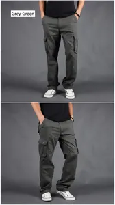 Detail of men's loose grey-green cargo pants with multiple pockets and straight leg fit