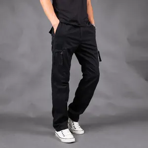 Durable men's black multi-pocket cargo pants with a loose fit for autumn and winter