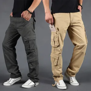 Men's loose multi-pocket cotton cargo pants shown in two color versions: khaki and grey