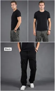 Detailed views of multi-pocket cargo pants for men in black and dark grey colors