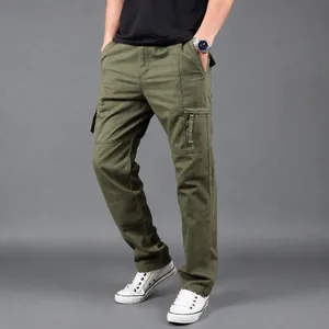 Men's army green cargo pants featuring multi-pockets and a loose straight leg fit