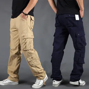 Men's outdoor cotton cargo pants with multiple pockets in khaki and navy blue colors