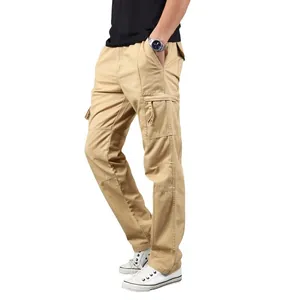 Men's khaki multi-pocket cargo pants in a straight loose fit for a casual street style look
