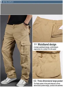 Detailed close-up of khaki multi-pocket cargo pants showcasing waist and side pockets