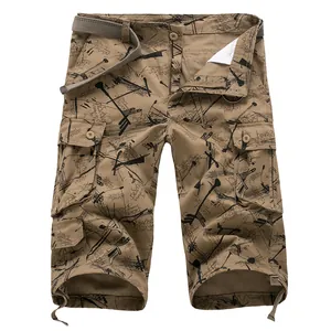 Men's khaki cotton cargo shorts featuring stylish graffiti print and functional multi-pockets