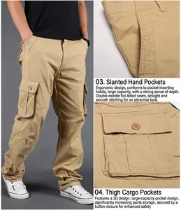 Detailed view of khaki multi-pocket cargo pants showing ergonomic pockets and durable stitching