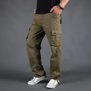 Men's olive green multi-pocket cargo pants with a loose fit for casual outdoor wear.