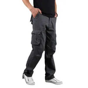 Men's dark grey loose cargo pants with multiple pockets in thick cotton fabric