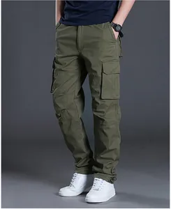 Men's olive green multi-pocket cargo pants featuring adjustable drawstring cuffs