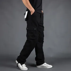 Loose-fit black men's cotton cargo pants with multiple utility pockets