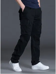Detailed side view of men's black multi-pocket cargo pants with straight leg fit