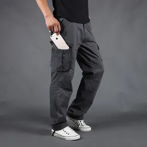 Professional men's loose multi-pocket cargo pants in dark gray with straight leg fit