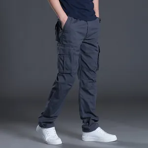 Men's dark gray multi-pocket cargo pants with straight leg fit and casual style