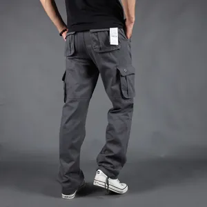 Men's loose-fit multi-pocket cargo pants in dark grey with a straight-leg design.