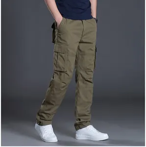 Men's olive green multi-pocket cargo pants shown in a full-length studio shot