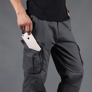 Men's loose straight leg cargo pants in dark grey featuring functional six pockets