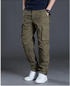 Detailed front view of men's army green loose cargo pants featuring multi-pocket design