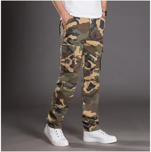 Macro detail of men's loose fit straight camouflage cargo pants featuring side flap pockets