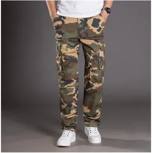 Full front view of men's camouflage cargo pants featuring functional utility pockets