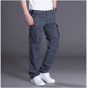 Professional view of men's dark grey cargo pants featuring multiple utility pockets.