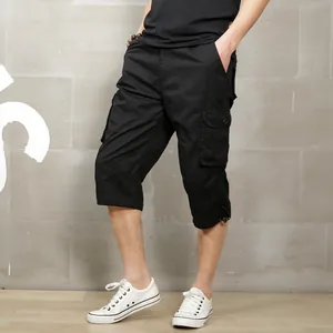 Men's loose summer cargo shorts with multi-pockets in black, lightweight cotton fabric