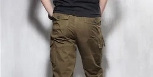 Back detail of men's brown cargo cropped pants showing multi-pocket design