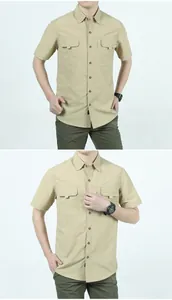 Kaki heren outdoor cargo shirt met korte mouwen, sneldrogend met zakken
