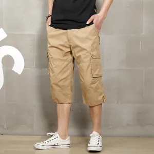 Men's loose khaki cargo shorts with multi-pockets, casual summer outdoor capri pants