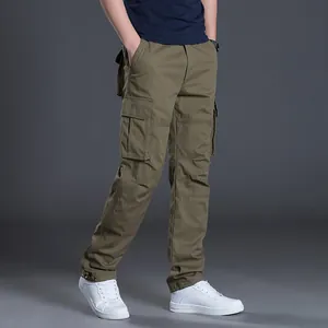 Men's Casual Cotton Cargo Pants Multi Pocket Outdoor Straight Leg Work Trousers Solid Color Loose Fit Bottoms