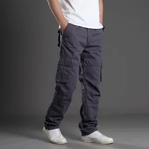 Men's loose straight-fit multi-pocket cargo pants in charcoal grey, professional studio shot.