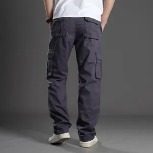 Men's loose straight-leg cargo pants in dark gray charcoal with multi-pockets design