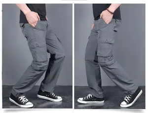 Detaillierte Ansicht der grauen abnehmbaren Herren-Outdoor-Cargohose mit Seitentaschen
