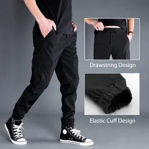 Black multi-pocket cargo pants for men with drawstring waist and elastic cuffs detail