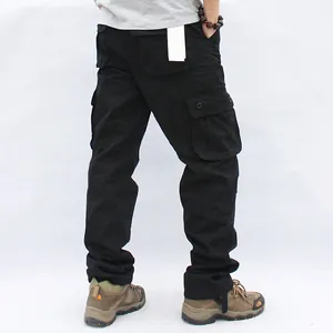 Back view detail of durable black multi-pocket cargo pants with a relaxed straight-leg fit