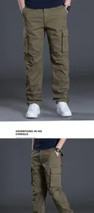 Detailansicht der Herren-Cargo-Hose in Olivgrün mit mehreren Taschen, lockere Passform Design.