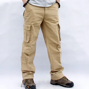 Detail of khaki multi-pocket cargo pants showing straight leg fit and side pockets