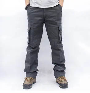 Detailed view of dark grey mens multi-pocket cargo pants in a durable straight leg fit