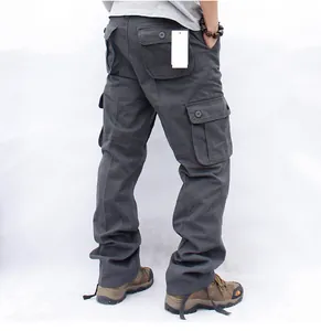 Detailed back view of dark gray multi-pocket cargo pants for men in a loose fit
