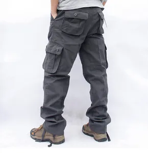Detailed back view of charcoal grey multi-pocket cargo pants for men in loose fit