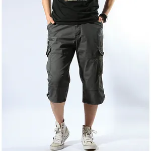Men's loose cargo shorts with multi-pockets in grey outdoor casual style high waist design