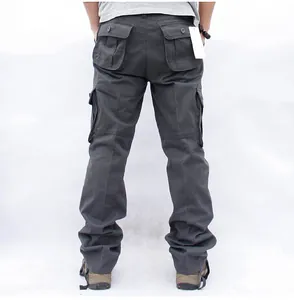Detailed back view of men's loose fit charcoal grey multi-pocket straight leg cargo pants
