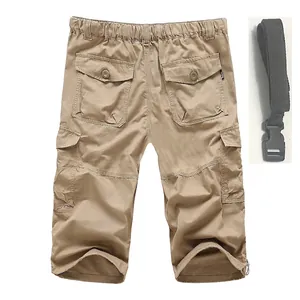 Men's khaki cargo capri shorts with multiple pockets and detachable tactical belt