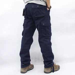 Men's navy blue multi-pocket cargo pants with straight leg design and relaxed fit style