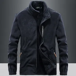 Men Autumn Winter Polar Fleece Jacket Stand Collar Thickened Fleece Lined Cardigan Thermal Full Zip Embroidered Jacket Fashion Loose Fit Long Sleeve Top
