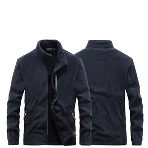 Warm navy blue men's polar fleece jacket with thick thermal lining and stand collar