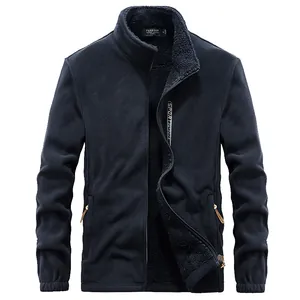 Men's thick navy blue fleece jacket with full zip and stand-up collar