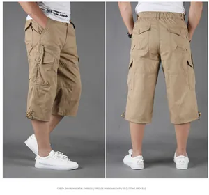 Side and back views of men's khaki cotton cargo 3/4 shorts with multi-pockets