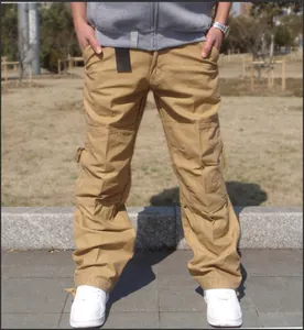 Casual tan cargo pants for men with multi-pocket design and relaxed straight fit style