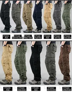 Detailed view of men's cotton cargo pants in multiple color and pocket variations.