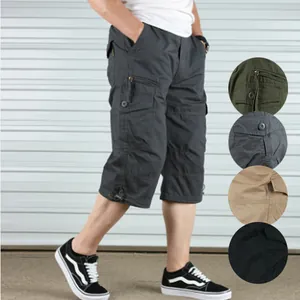 Men's Cargo Capri Pants Summer Cotton Loose Multi-Pocket 3/4 Length Shorts Korean Casual Drawstring Hem Tactical Work Pants